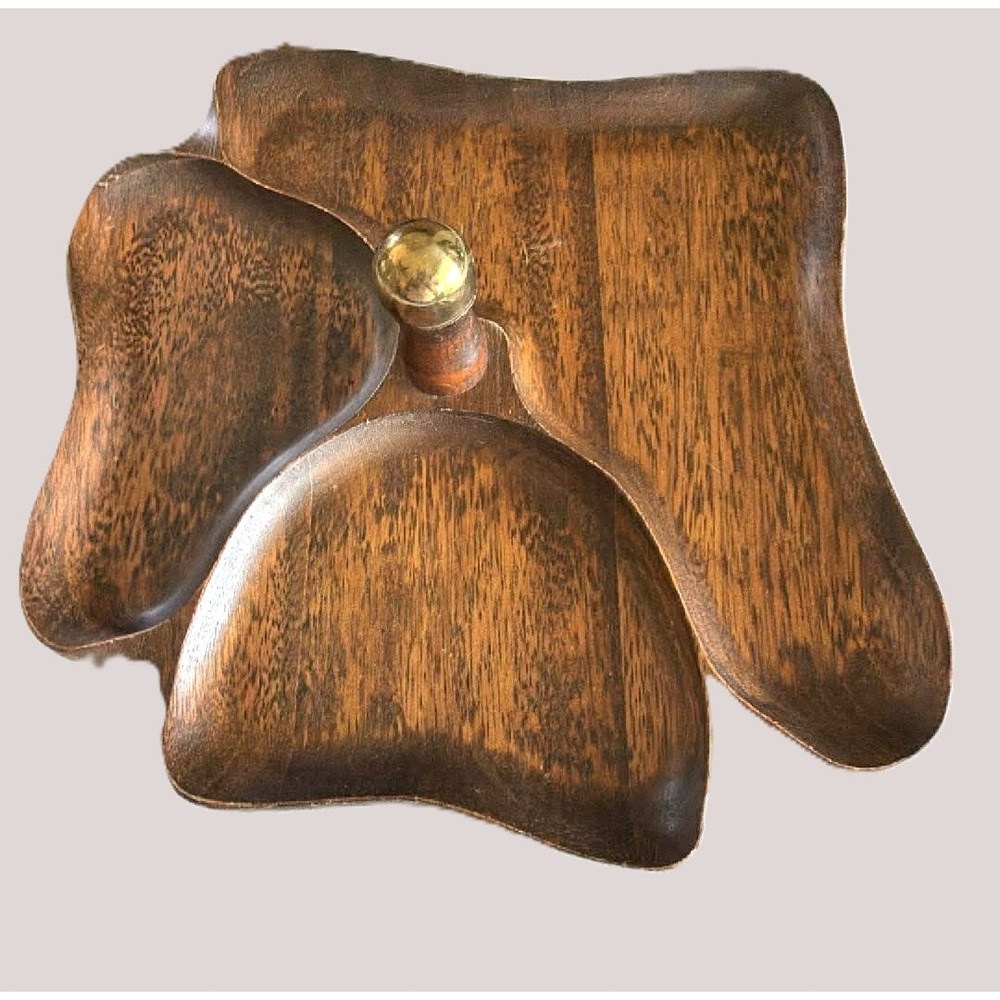 Vintage MCM Hand Carved Wood Divided Tray Brass Handle Japan Monkey Pod Style